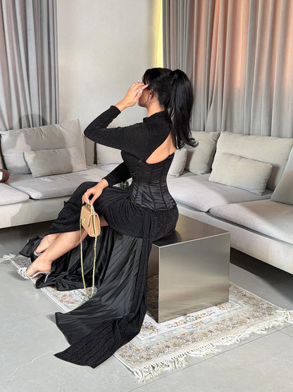 High Neck Corset Gown with Pleated Overskirt