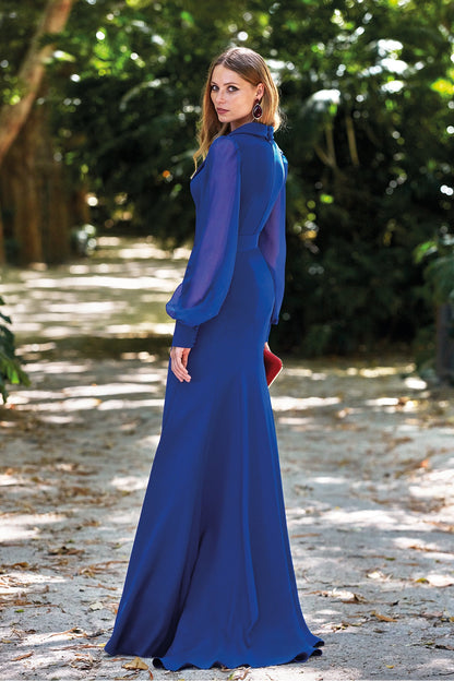 Long Sleeve Belted V-Neck Gown with High Slit
