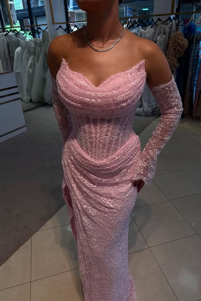Corset Lace Gown with Cowl Neck & Long Sleeves