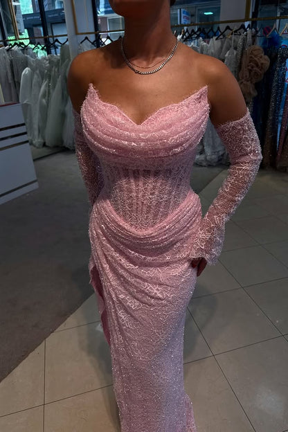 Corset Lace Gown with Cowl Neck & Long Sleeves