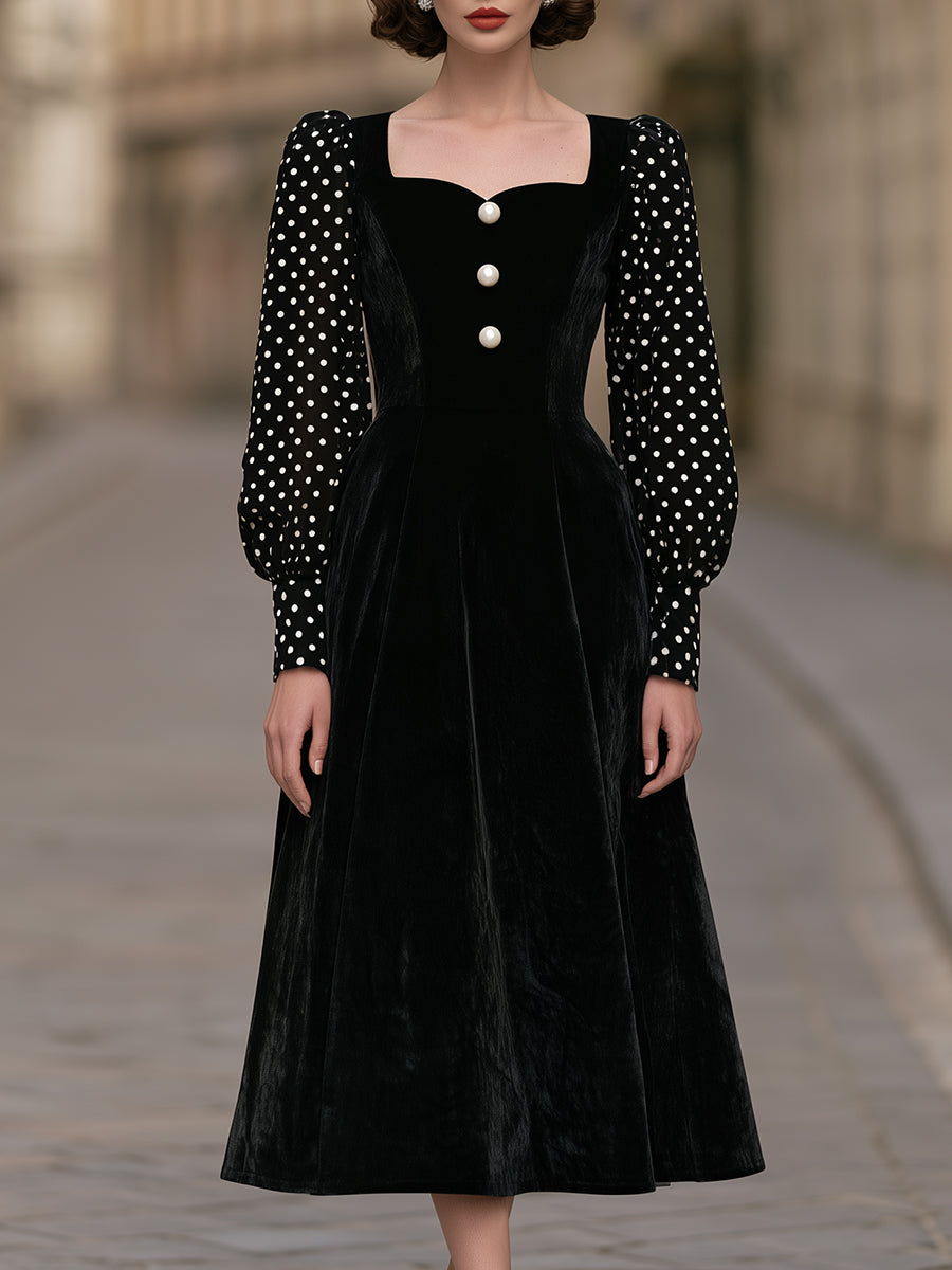 Velvet Midi Dress with Polka Dot Sleeves