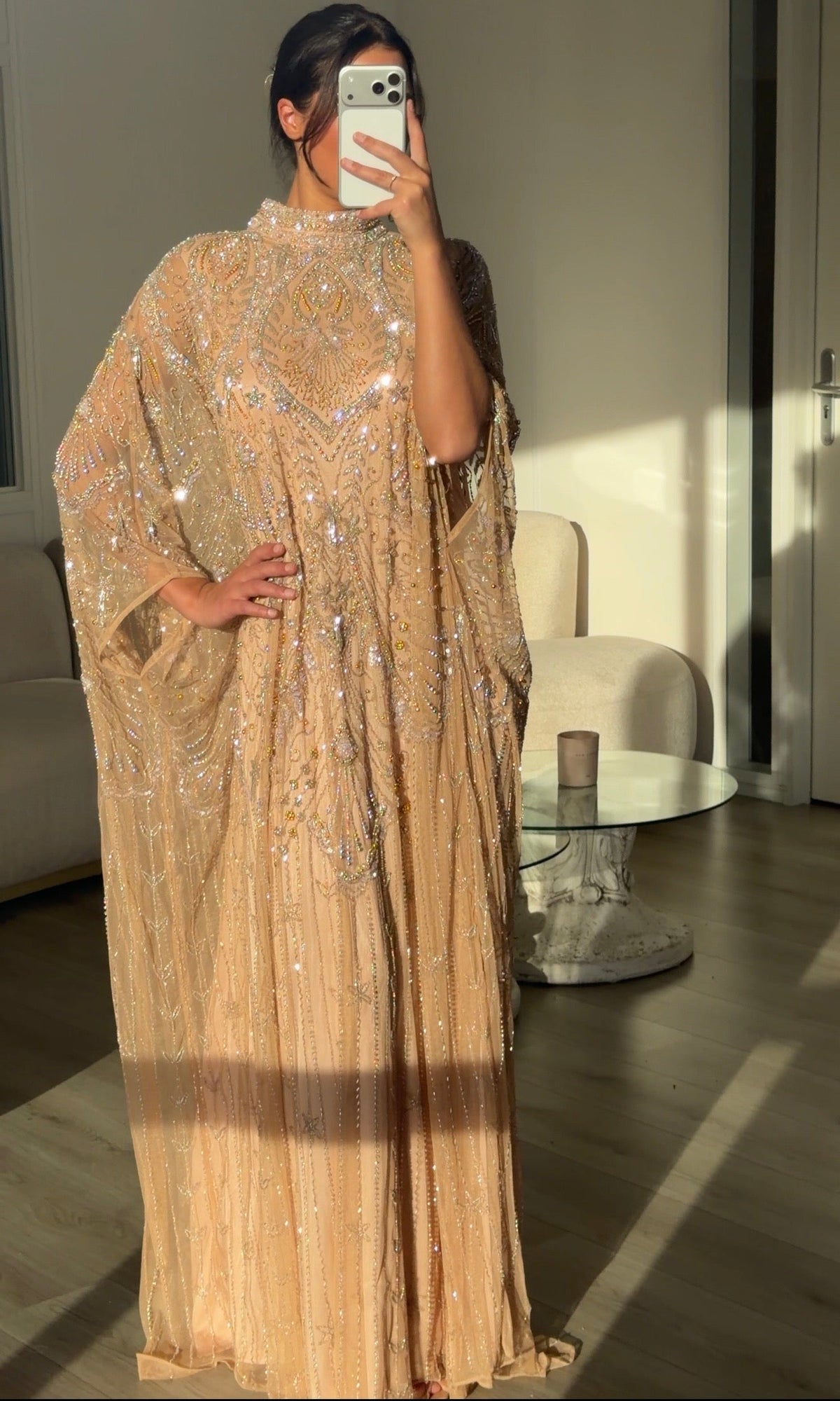 Beaded High Neck Cape Sleeve Evening Gown