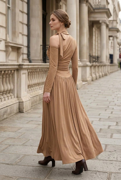 Cold-Shoulder Ruched Maxi Dress with Tie Neck