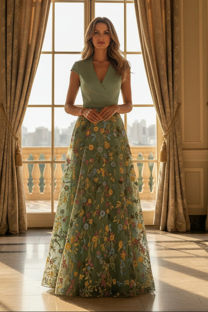 Floral Embroidered A-Line Maxi Gown with Wrap V-Neck