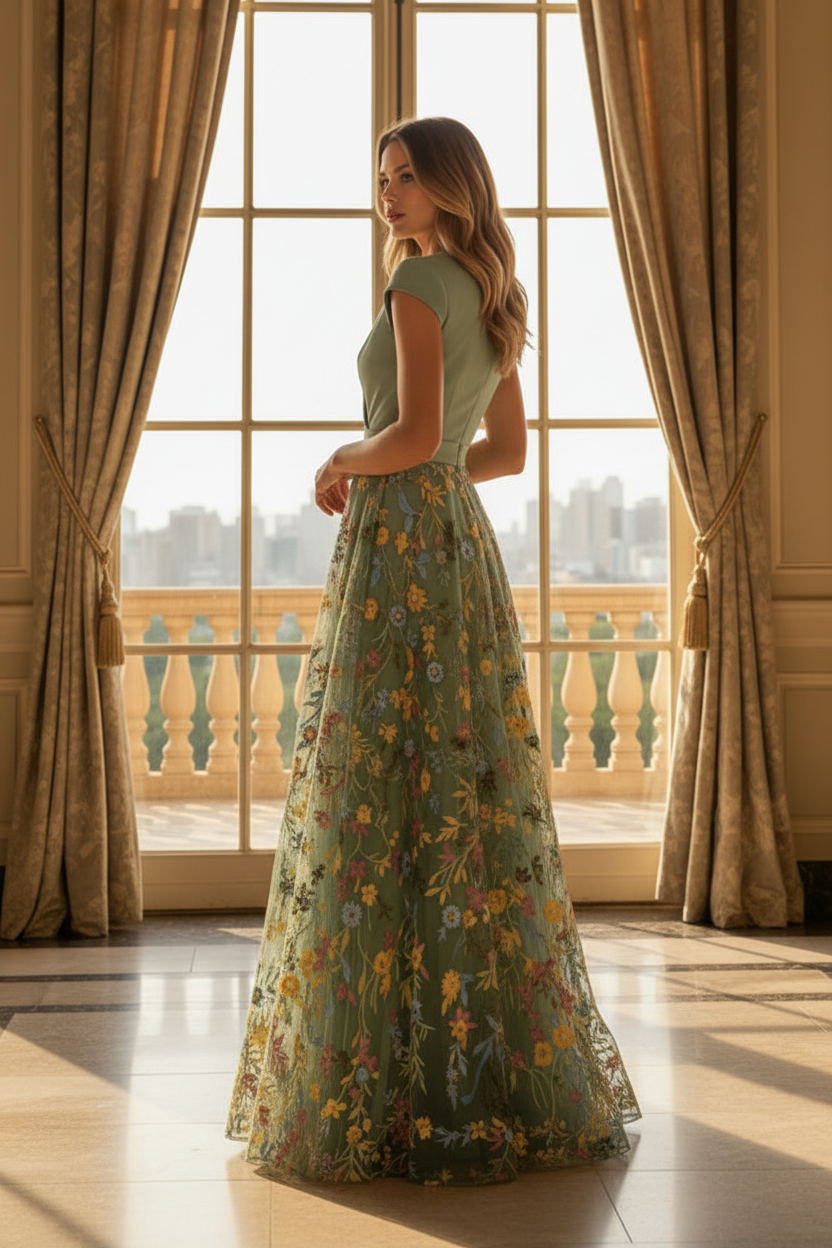 Floral Embroidered A-Line Maxi Gown with Wrap V-Neck