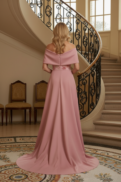 Off-Shoulder Floral Embroidered Gown with Overskirt