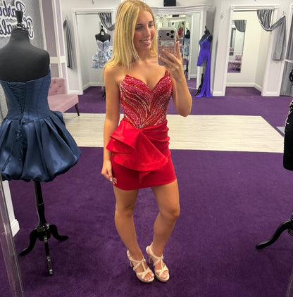 Strapless Beaded Sweetheart Mini Dress with Side Ruffle