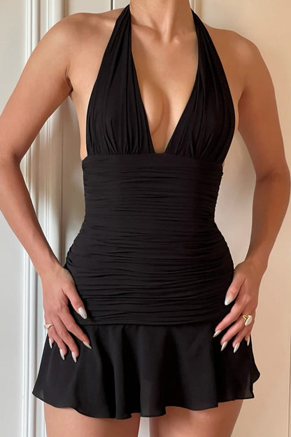 Deep V-Neck Ruched Halter Mini Dress