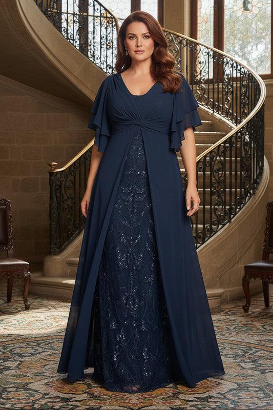 V-Neck Flutter Sleeve Gown with Sequined Underlay
