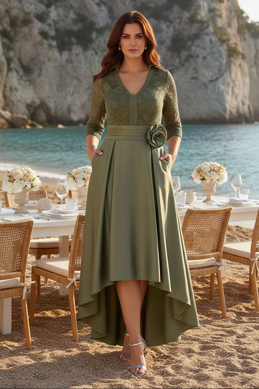 Lace Bodice High-Low Evening Dress with Pockets