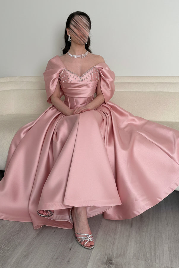 Off-Shoulder Beaded Satin Ball Gown with Pleated Skirt