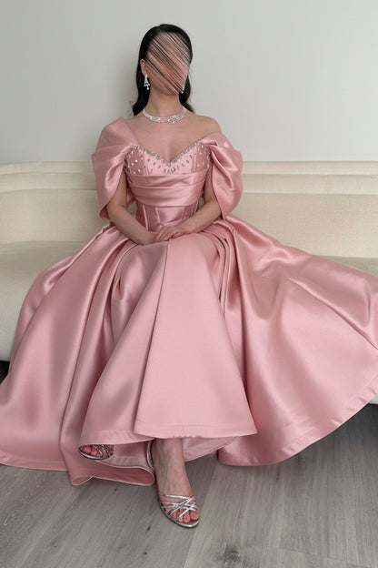 Off-Shoulder Beaded Satin Ball Gown with Pleated Skirt