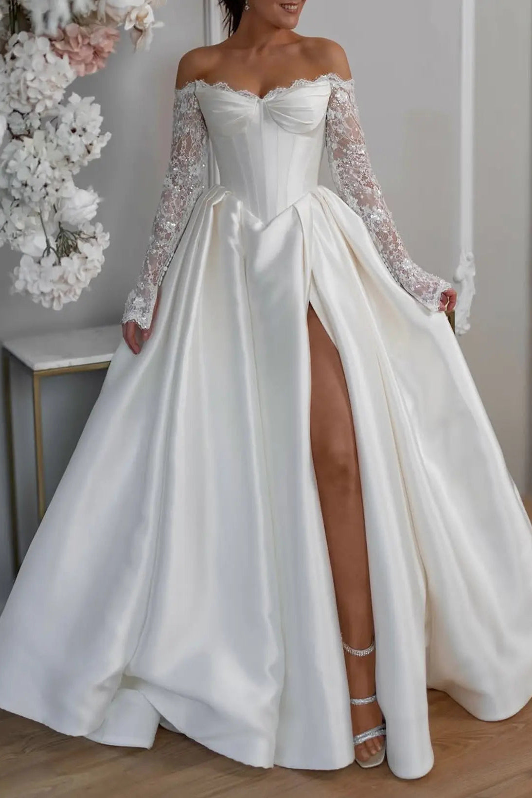 Off-the-Shoulder Satin Ball Gown with Lace Sleeves