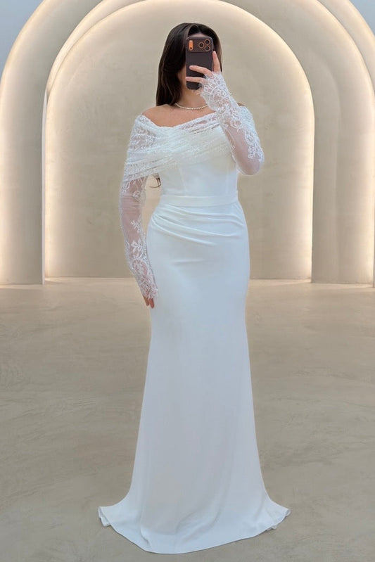 Off-the-Shoulder Lace Long Sleeve Mermaid Gown