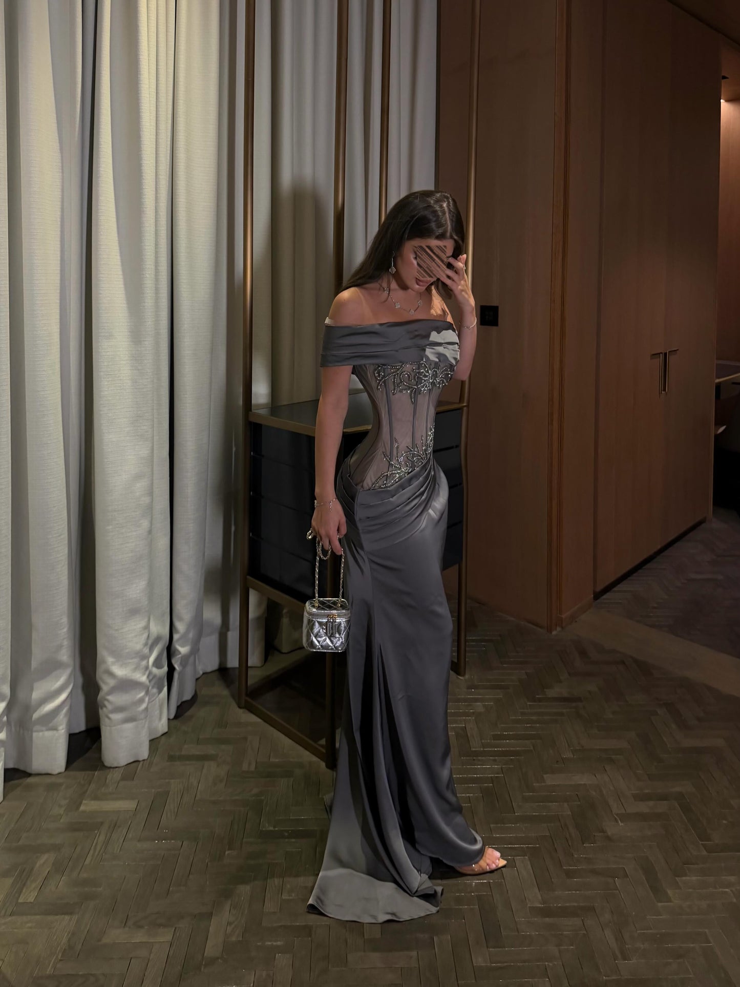 Off-the-Shoulder Beaded Corset Satin Evening Gown