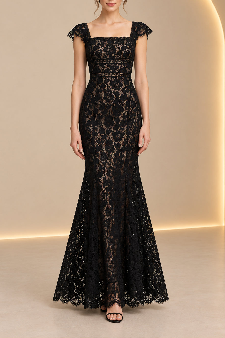 Lace Cap-Sleeve Mermaid Evening Gown