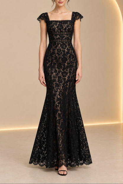 Lace Cap-Sleeve Mermaid Evening Gown