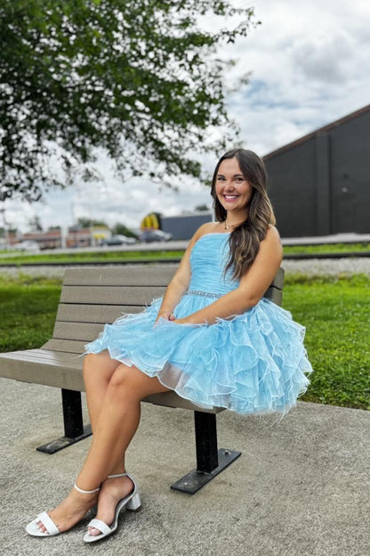 Strapless Ruched Tiered Ruffle Mini Dress