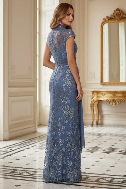 Embroidered Sequin Gown with Draped Waist