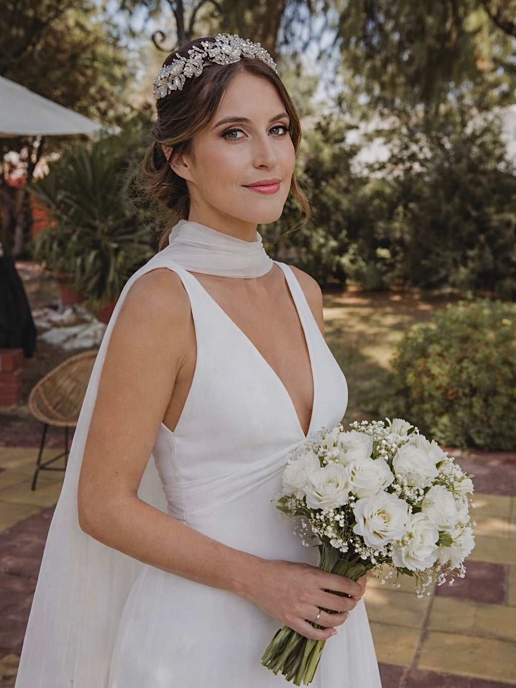 Deep V A-Line Wedding Dress with Neck Scarf