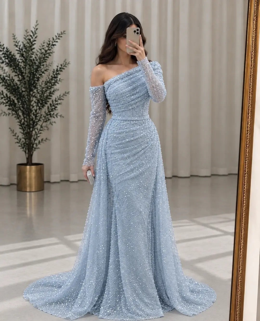 Sequined Asymmetrical Gown with Side Train