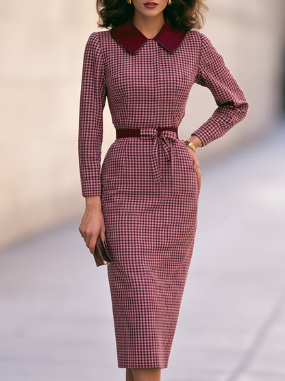 Collared Houndstooth Midi Sheath Dress with Belt