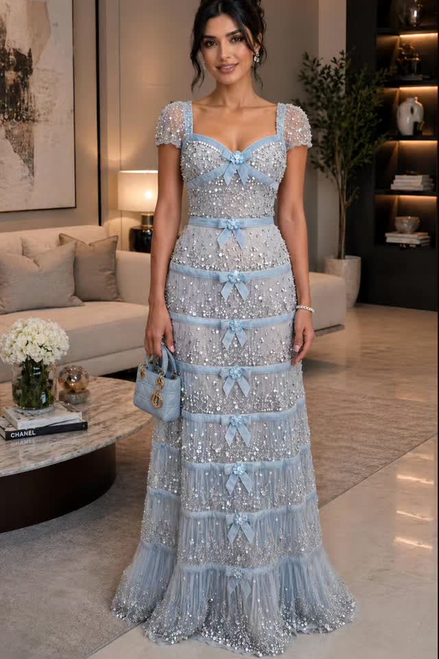 Beaded Tiered Bow Gown with Cap Sleeves