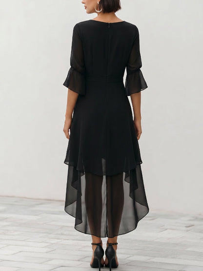 Tiered High-Low Dress with Flared Sleeves