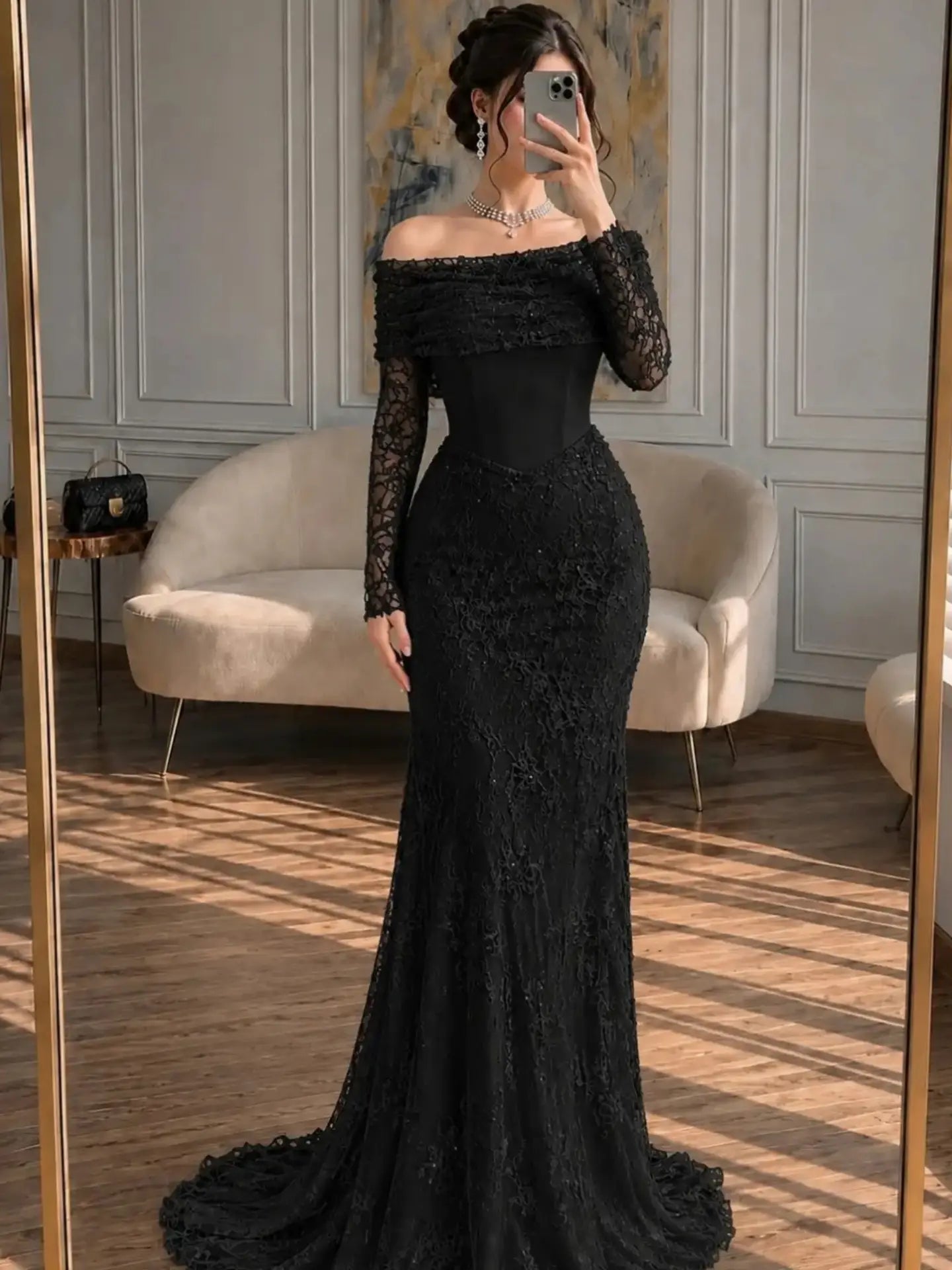 Off-the-Shoulder Lace Mermaid Gown with Long Sleeves