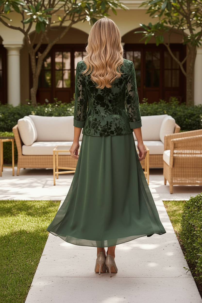 A-Line Tea-Length Dress and Floral Velvet Jacket