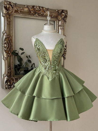 Lace Applique Tiered Satin A-Line Cocktail Dress