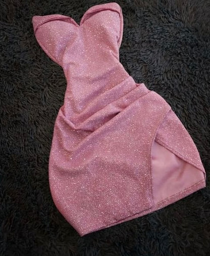 Strapless Sweetheart Ruched Glitter Mini Dress