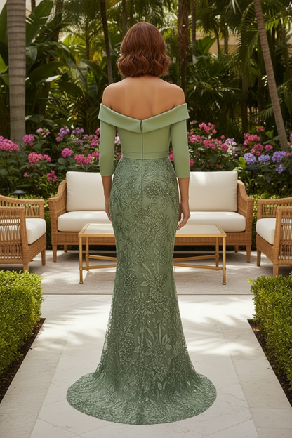 Off-the-Shoulder 3/4 Sleeve Mermaid Evening Gown
