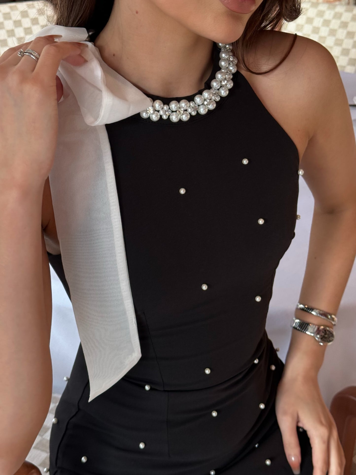Halter Mini Dress with Bow and Pearl Embellishments