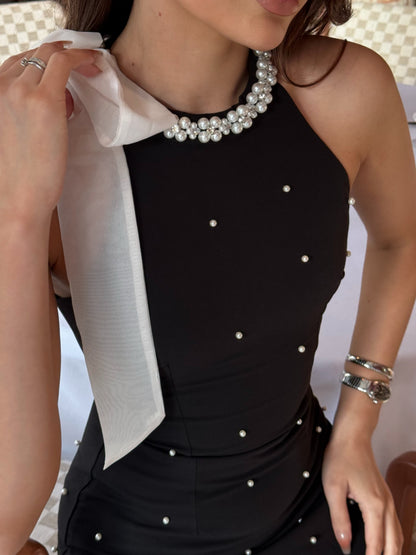 Halter Mini Dress with Bow and Pearl Embellishments