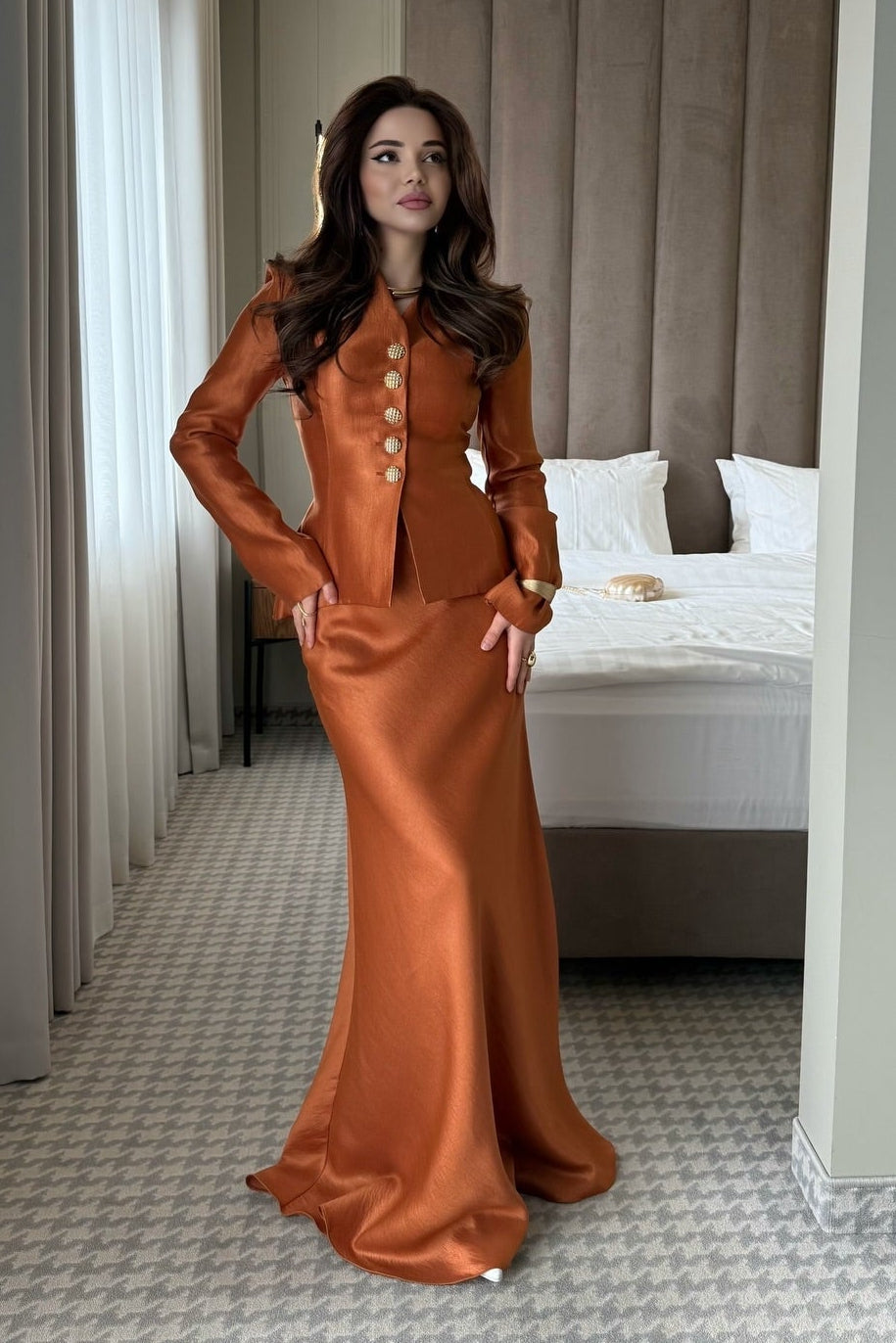 Buttoned Peplum Jacket and Maxi Skirt Two-Piece Set