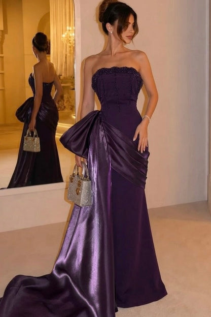 Strapless Side-Draped Evening Gown with Beaded Bodice