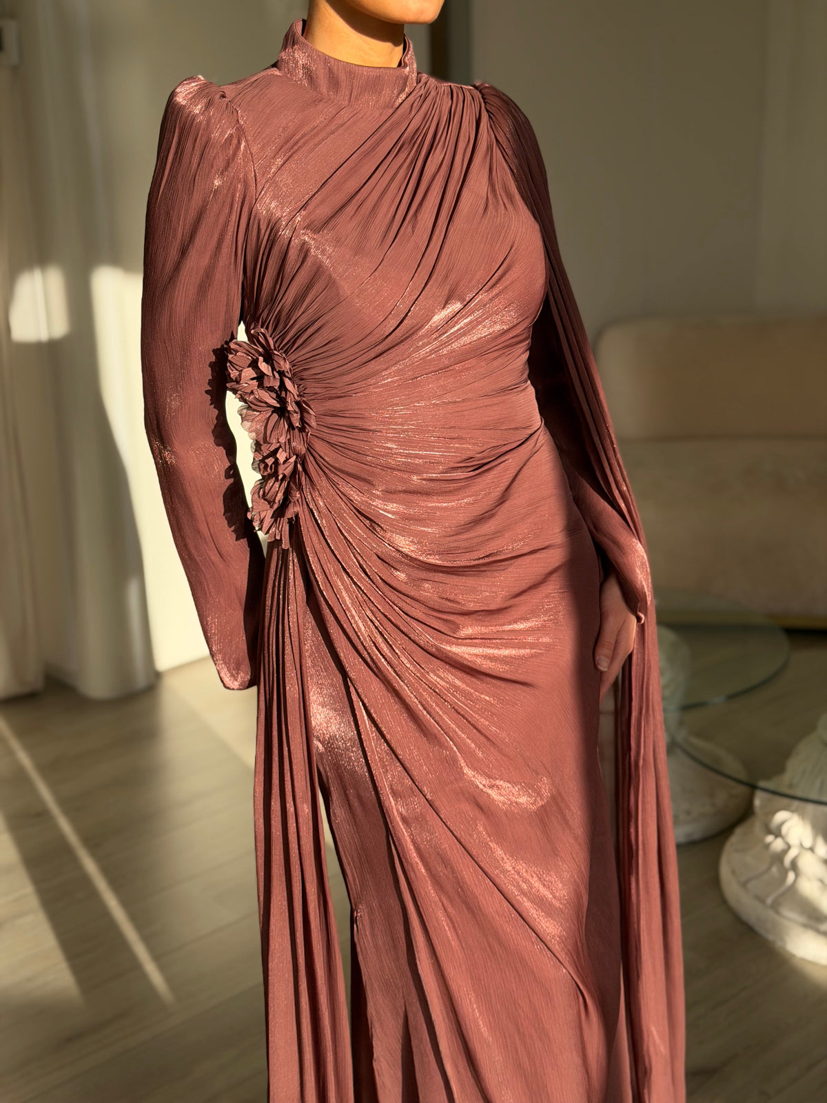 Ruched High-Neck Gown with Cape Sleeve & Rosette