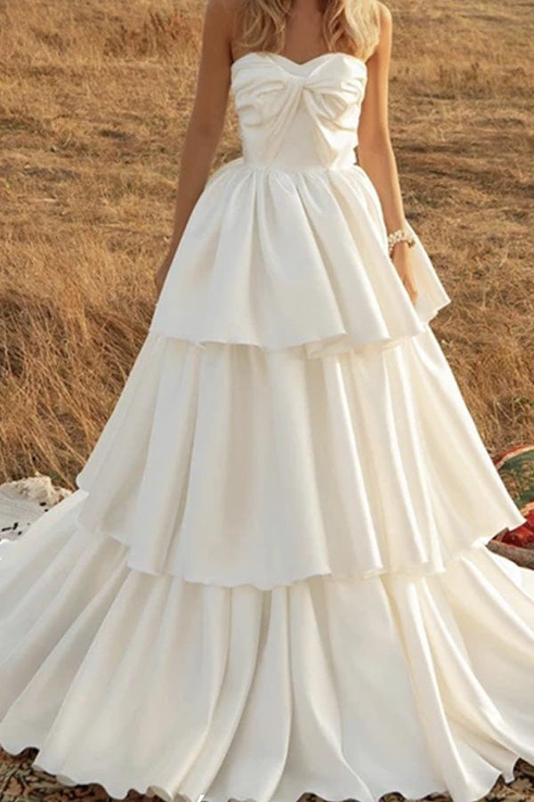 Strapless Tiered Satin Ball Gown Wedding Dress