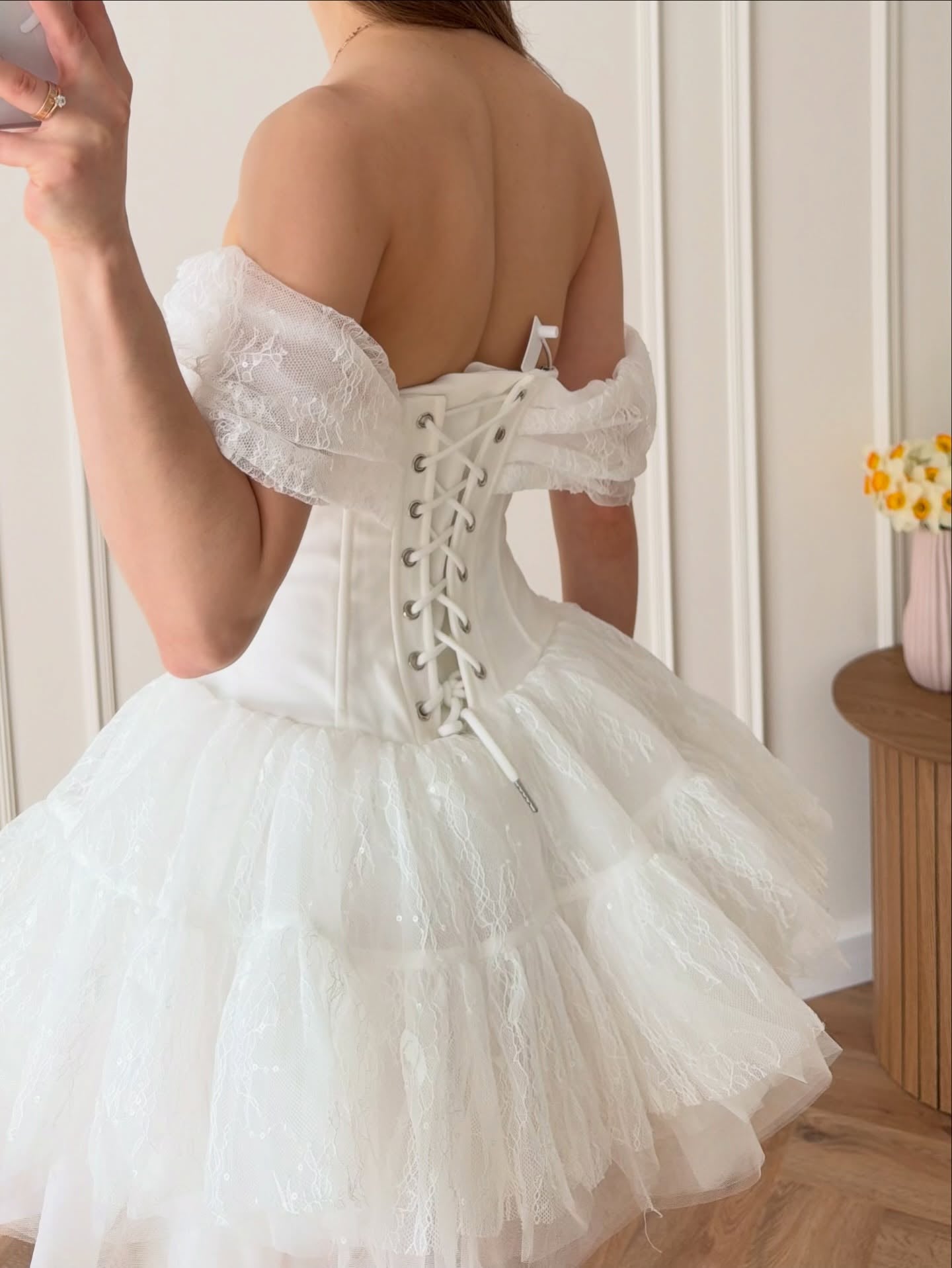 Off-the-Shoulder Corset Tiered Tulle Mini Dress