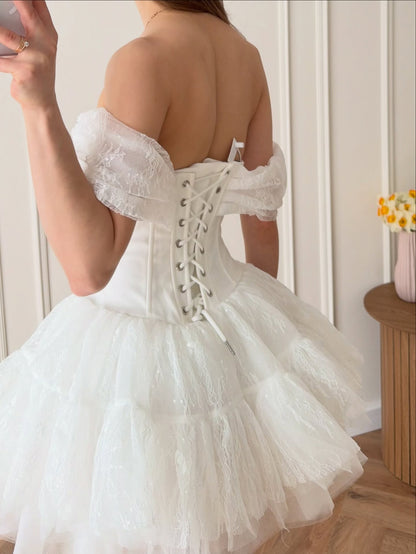 Off-the-Shoulder Corset Tiered Tulle Mini Dress