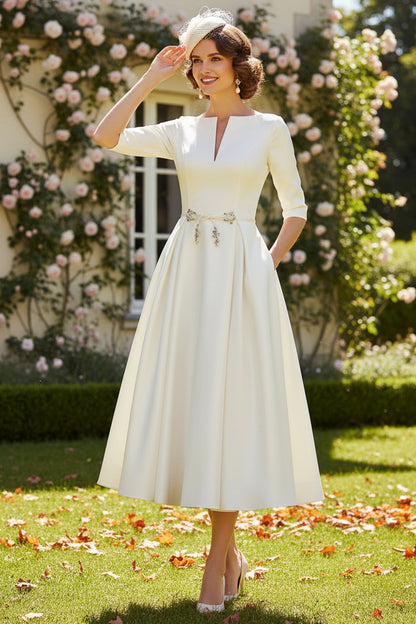 Elegant White A-Line Tea-Length Mother of the Bride Dress with Half Sleeves & Jeweled Bow