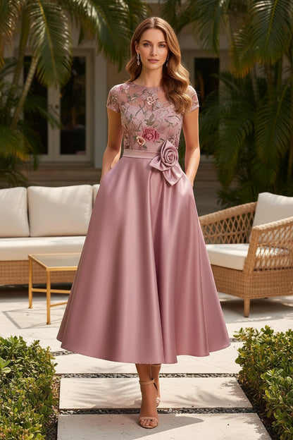 Embroidered Illusion Bodice A-Line Tea-Length Dress