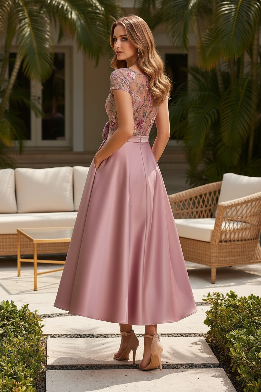 Embroidered Illusion Bodice A-Line Tea-Length Dress