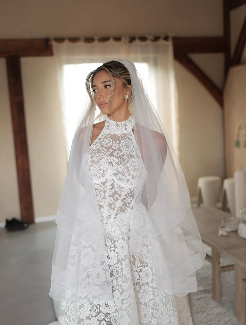 High-Neck Lace Wedding Dress with Train