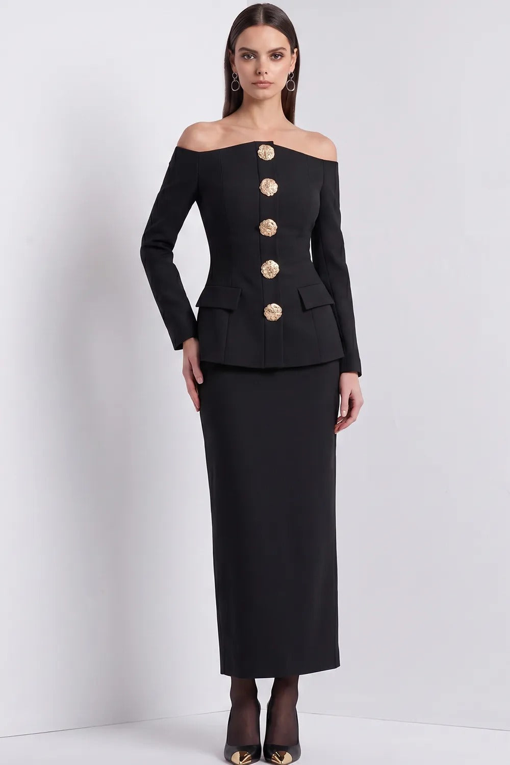 Off-the-Shoulder Button Peplum Jacket & Maxi Skirt Set