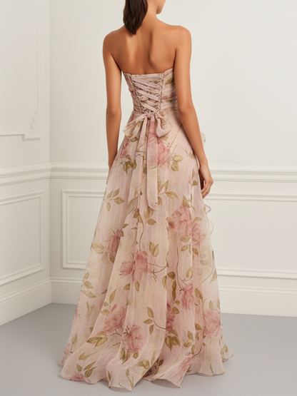 Strapless Floral Chiffon A-Line Gown