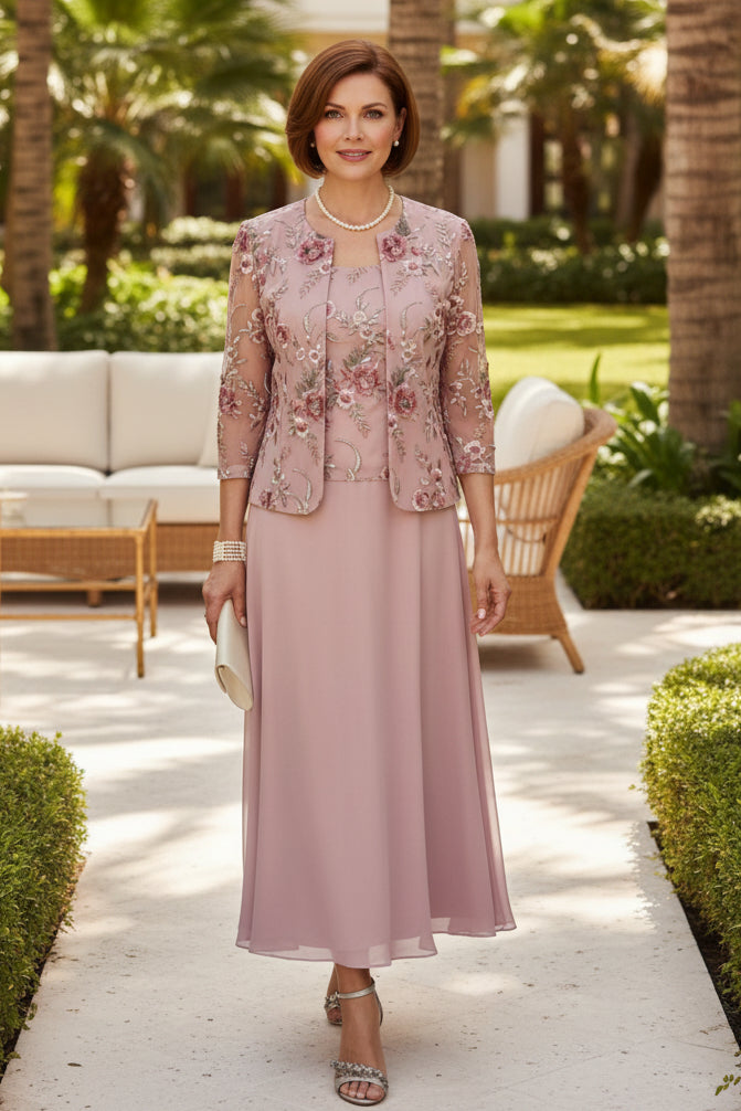 Two-Piece Floral Embroidered Jacket & Chiffon Dress