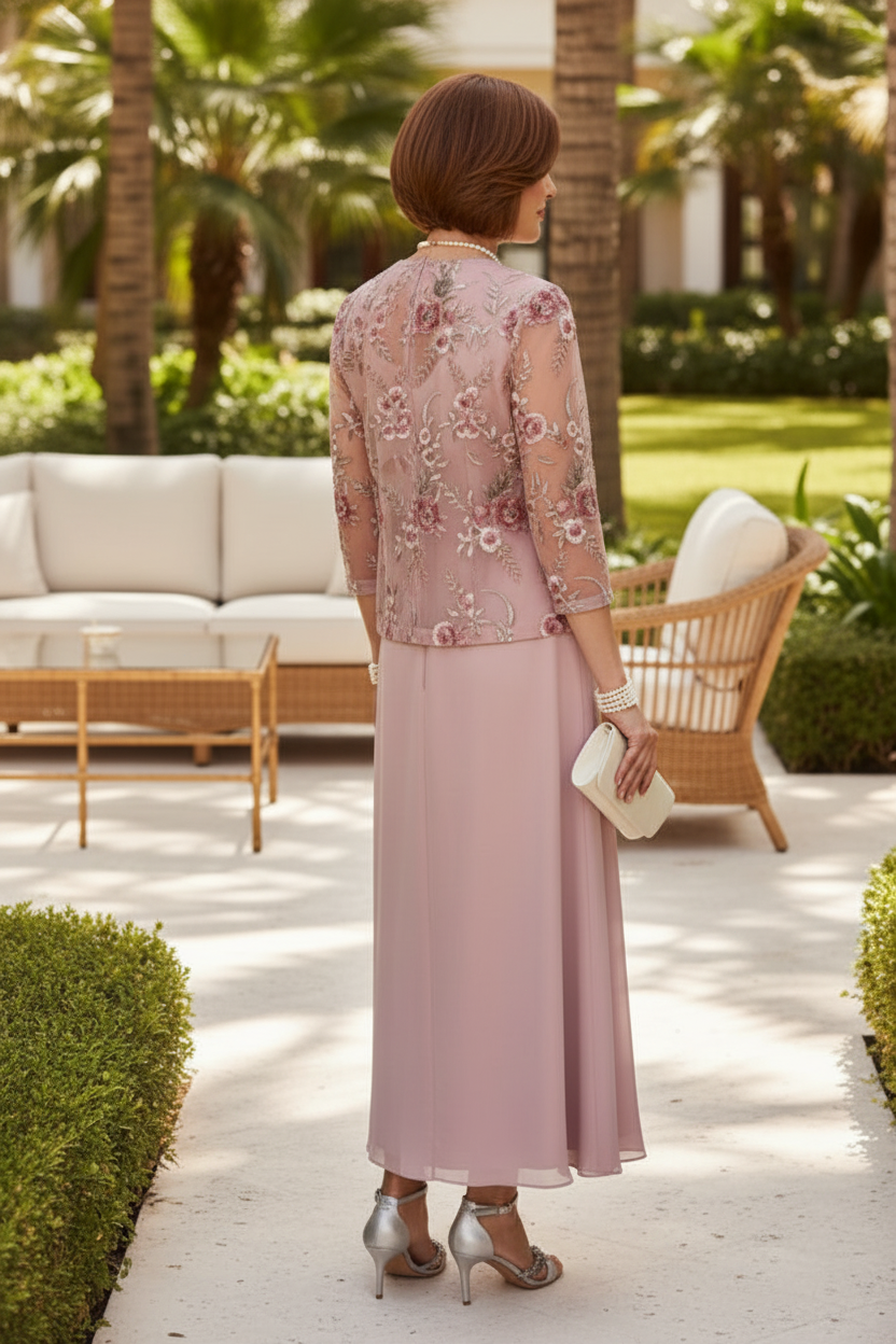 Two-Piece Floral Embroidered Jacket & Chiffon Dress