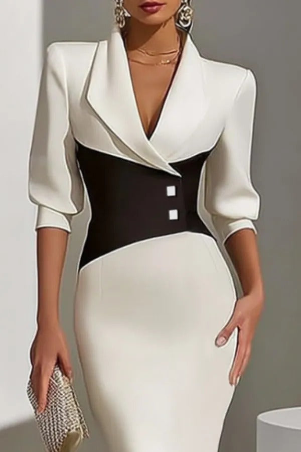 Lapel Collar Midi Sheath Dress with Corset Waist